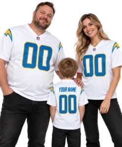 Family wearing matching personalized white Chargers football jerseys