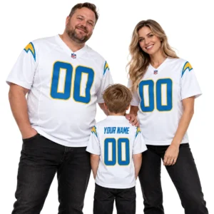 Family wearing matching personalized white Chargers football jerseys