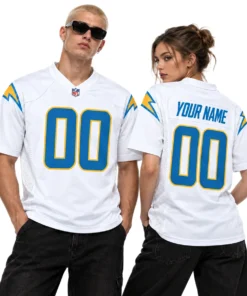 Model wearing a white Los Angeles Chargers jersey with blue and gold bolt details