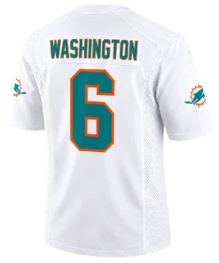 Malik Washington jersey back with WASHINGTON name and aqua number 6