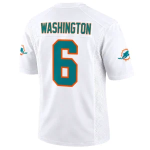 Malik Washington jersey back with WASHINGTON name and aqua number 6