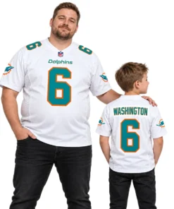 Family wearing matching Dolphins away football jersey styles in white