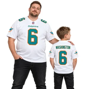 Family wearing matching Dolphins away football jersey styles in white