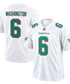 Miami Dolphins white jersey front and back featuring Washington number 6
