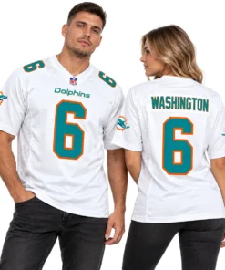 Model wearing a Washington #6 jersey in white with aqua and orange details
