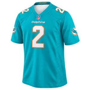 Malik Willis Aqua Jersey 2026 front with white number 2 and orange outline