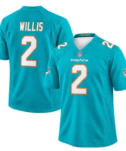 Miami Dolphins aqua jersey front and back featuring Malik Willis number 2