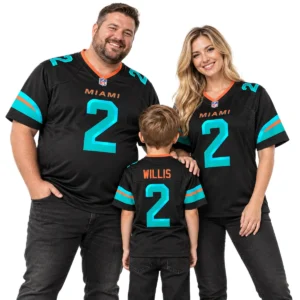 Family wearing matching black Miami football jerseys with aqua and orange accents
