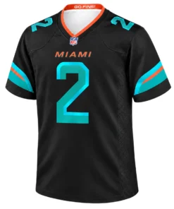 Malik Willis Black Jersey 2026 front with aqua number 2 and orange Miami details