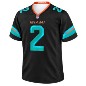 Malik Willis Black Jersey 2026 front with aqua number 2 and orange Miami details