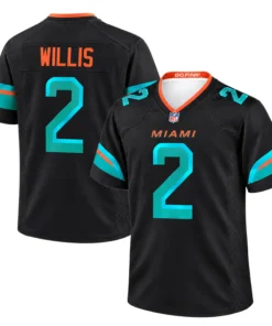 Black Miami Dolphins jersey front and back featuring Willis number 2