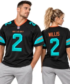 Model wearing a Willis #2 black jersey with aqua and orange football details