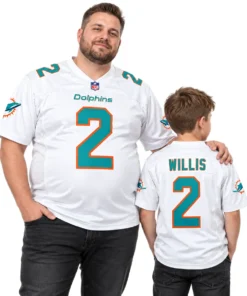 Family wearing matching Miami Dolphins football jersey styles in white aqua and orange