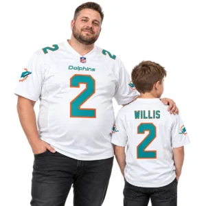Family wearing matching Miami Dolphins football jersey styles in white aqua and orange