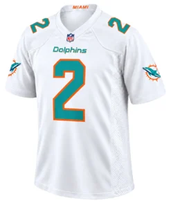 Malik Willis White Jersey 2026 front with aqua number 2 and orange outline