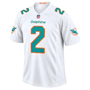 Malik Willis White Jersey 2026 front with aqua number 2 and orange outline