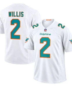 White Miami Dolphins jersey front and back featuring Malik Willis number 2