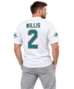 Model wearing a Willis #2 football jersey in white with aqua and orange details