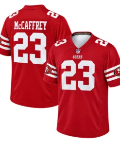 Men's Christian McCaffrey 49ers jersey front and back views featuring white number 23, McCAFFREY lettering and team sleeve patches