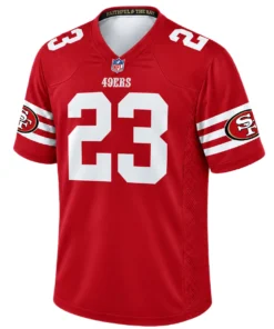 Front view of red San Francisco 49ers McCaffrey jersey featuring white number 23, shoulder numbers and 49ers sleeve patches