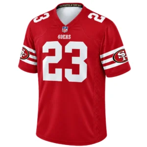 Front view of red San Francisco 49ers McCaffrey jersey featuring white number 23, shoulder numbers and 49ers sleeve patches