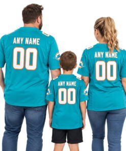 Family wearing Miami Dolphins aqua custom jerseys