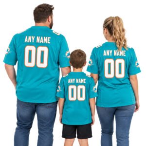 Family wearing Miami Dolphins aqua custom jerseys