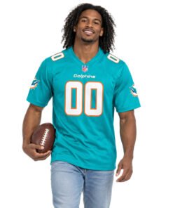Model wearing custom Miami Dolphins aqua football jersey