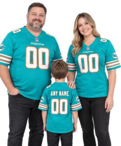 Family wearing matching custom Dolphins throwback jerseys in aqua game-day style 3.