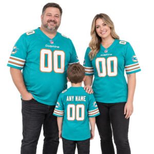 Family wearing matching custom Dolphins throwback jerseys in aqua game-day style 3.