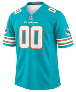 Miami Dolphins Aqua Throwback Jersey front with white 00, orange trim and striped sleeves