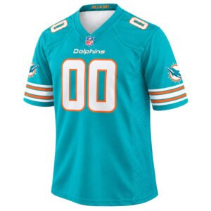 Miami Dolphins Aqua Throwback Jersey front with white 00, orange trim and striped sleeves