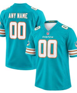 Miami Dolphins jersey front and back in aqua with white and orange throwback details