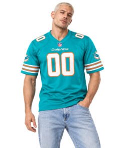 Model wearing a vintage Dolphins football jersey in aqua with white 00 and orange accents