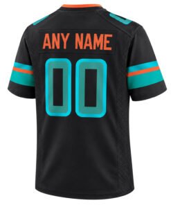 Black Miami Dolphins football jersey back view with custom ANY NAME and aqua 00 number