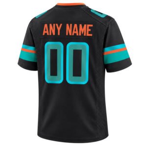Black Miami Dolphins football jersey back view with custom ANY NAME and aqua 00 number