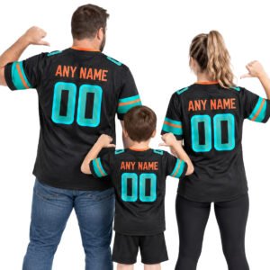 Family wearing matching custom Miami Dolphins jersey styles in black with aqua and orange accents