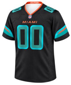 Miami Dolphins Black Jersey 2026 front view with aqua 00, orange MIAMI lettering and aqua-orange sleeve accents