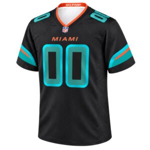 Miami Dolphins Black Jersey 2026 front view with aqua 00, orange MIAMI lettering and aqua-orange sleeve accents