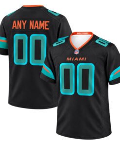 Miami Dolphins alternate jersey shown from front and back with black, aqua and orange football styling