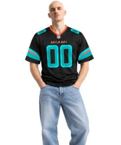 Model wearing a black Miami Dolphins football jersey with bold aqua number and orange details
