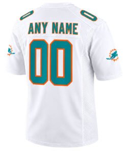 White Miami Dolphins football jersey back view with custom ANY NAME and aqua 00 outlined in orange