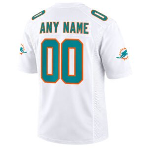 White Miami Dolphins football jersey back view with custom ANY NAME and aqua 00 outlined in orange