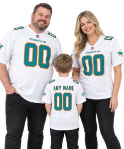 Family wearing matching Dolphins Custom jersey styles in white for a coordinated football fan look