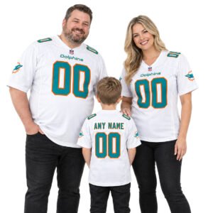 Family wearing matching Dolphins Custom jersey styles in white for a coordinated football fan look