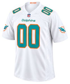 Miami Dolphins White Jersey 2026 front view with aqua 00, orange outlines and Dolphins sleeve graphics