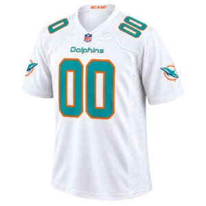 Miami Dolphins White Jersey 2026 front view with aqua 00, orange outlines and Dolphins sleeve graphics