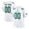 Miami Dolphins away jersey front and back views in white with aqua numbers and orange accents
