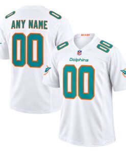 Miami Dolphins away jersey front and back views in white with aqua numbers and orange accents