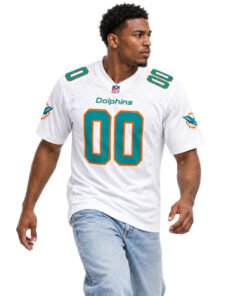 Model wearing a custom Miami Dolphins jersey in white with aqua and orange football details